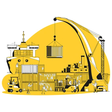 A busy dockyard filled with stacked containers of various sizes. Several workers in yellow safety vests are engaged in various tasks, some directing the movement of goods while others operate machinery. A large crane looms above, lifting a container in the air. Forklifts are moving between the containers, with a worker seated in one of them. In the background, ships are docked, with cargo being unloaded onto the dock. The scene captures the dynamic activity of loading and unloading at the port.