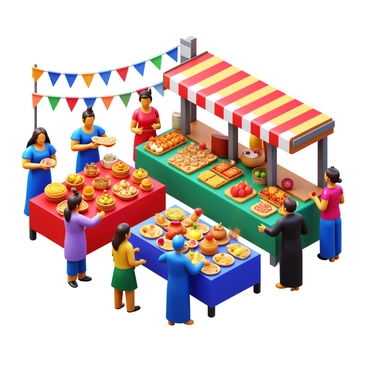 A bustling market scene filled with colorful street food stalls. Various food items such as skewers, fresh fruits, and pastries are displayed attractively. Artisan crafts, including handmade jewelry and pottery, are showcased on tables. People from different cultures, dressed in traditional attire, are interacting happily. Some individuals are bargaining for goods, while others are enjoying food together. Bright banners and decorations hang overhead, adding to the lively atmosphere.