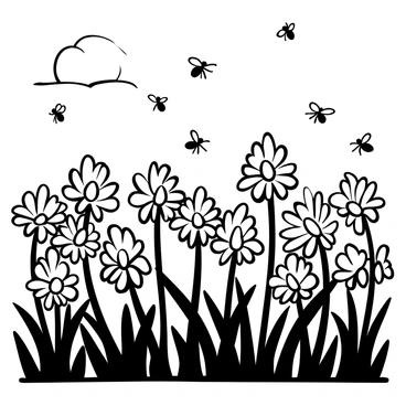 A field of bee balm flowers with distinct, pointed petals stands under a large sun setting on the horizon. The flowers are arranged in clusters, creating a dense tapestry of blooms. Silhouettes of bees are depicted in various positions, some hovering over the flowers while others are shown in flight across the scene. The sun casts elongated shadows of the flowers onto the ground, emphasizing their shapes and creating a dynamic interplay of light and dark.