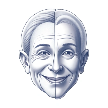 A face divided into two distinct halves, one side representing youth and the other side depicting age. The youthful side features smooth skin with bright, expressive eyes and a slight smile. The aging side shows fine lines, wrinkles, and a more subdued expression. The two halves merge seamlessly at the center of the face, highlighting the contrast between vitality and wisdom. Subtle details emphasize the differences in hair texture and facial structure, enhancing the juxtaposition of age and youthfulness.