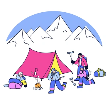 A small group of mountaineers is gathered around a colorful tent, preparing to set up their base camp in the Himalayas. The tent is bright red, contrasting against the snowy white landscape. Each mountaineer is wearing a thick, insulated jacket, with one holding a pair of ice axes. The towering Himalayan peaks rise majestically in the background, their snow-capped summits glistening under the sunlight. A few backpacks are scattered around the campsite, and a small campfire is lit nearby, with smoke curling up into the clear blue sky.