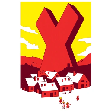 A red massive abstract symbol representing totalitarian power towers over a small village. The village is composed of quaint, white houses with sloped roofs and small windows. Below the looming symbol, villagers can be seen, appearing small and overshadowed. The scene captures a stark contrast between the dominating symbol and the humble village enclave. The sky above is filled with a vibrant yellow hue, enhancing the tension of the atmosphere. The distant mountains frame the village, creating a sense of isolation.
