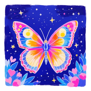 A butterfly is positioned centrally, with its wings intricately patterned to resemble the phases of the moon. Each section of the wings displays a different lunar phase, transitioning smoothly from the new moon to the full moon. The background showcases a deep night sky filled with twinkling stars, enhancing the celestial theme. The butterfly's body is slender and delicate, with fine details on the antennae. A soft glow emanates from the moon phases, illuminating the surrounding area.