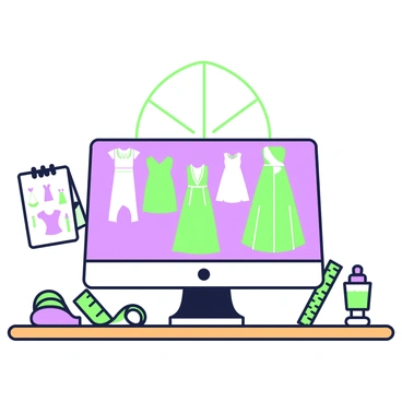 A computer screen is positioned on a wooden desk, showcasing vibrant digital designs of "bubu gowns." The screen displays multiple colorful patterns and styles, indicating various cuts and lengths of the gowns. Beside the computer, there is a green ruler and a notebook with sketches of gowns. On the desk, a tape measure is coiled neatly. The background includes a window with natural light illuminating the workspace, enhancing the focus on the screen and its designs.