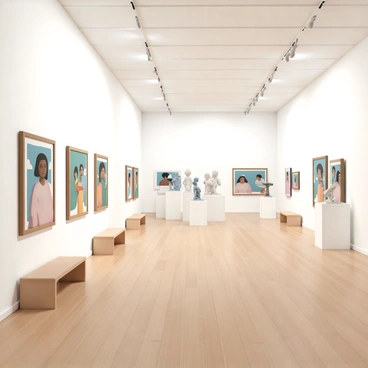 A spacious art gallery, featuring white walls and polished wooden floors. The gallery is filled with various paintings and sculptures that embody themes of gender equality. On the left wall, there are large framed paintings showcasing diverse individuals, with vibrant colors and expressive brushstrokes. In the center, several sculptures are displayed on pedestals, representing unity and strength among different genders. Soft lighting illuminates each artwork, creating a welcoming atmosphere for visitors. The gallery has a few benches for viewers to sit and reflect on the pieces around them.