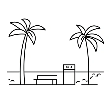 A seaside bus stop is positioned on a concrete platform, with a simple bench and a sign indicating the bus route. In the background, the ocean stretches out, with gentle waves visible along the shore. Tall palm trees are located on either side of the bus stop, with their fronds extending outward and appearing to sway in the breeze. The sky above is clear and open, adding to the tranquil atmosphere of the scene.