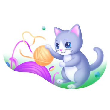 A playful kitten with a fluffy coat and bright, expressive eyes is batting at a vibrant ball of yarn. The ball of yarn is a bright shade of yellow, and it is partially unraveled, trailing strands across a soft, pastel-colored surface. The kitten is crouched low, with its ears perked up and its paw extended, ready to pounce on the spinning yarn. The background features a few scattered toys, enhancing the playful atmosphere of the scene.