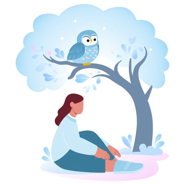 A young girl named Alice is sitting on the ground beneath a large tree, illuminated by the soft glow of the moonlight. She is wearing a cozy sweater and her hair is loosely tied back. Perched on a sturdy branch above her is a wise owl with intricate feather patterns, looking down attentively at Alice. The owl has large, round eyes and is surrounded by branches with delicate leaves. Stars twinkle in the night sky, and a gentle breeze stirs the air, enhancing the tranquil evening atmosphere.