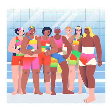 A diverse water polo team featuring players of various nationalities is standing together in the pool area. The team consists of players with different skin tones and hair types; one player has dark curly hair, while another has straight blonde hair. They are wearing matching swim caps in vibrant colors, each displaying their respective country's flag. Some players have goggles perched on their foreheads, while others hold water polo balls. The setting includes a clear blue swimming pool in the background, with sunlight reflecting off the water's surface. The players are smiling, showcasing camaraderie and team spirit.