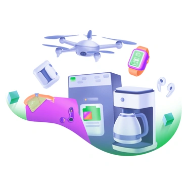 A modern pastel illustration featuring a collection of innovative gadgets powered by electrical engineering. In the center, there is a sleek drone with propellers visible, hovering above a smart appliance, such as a futuristic coffee maker. Surrounding these devices are other gadgets, including a robotic vacuum, a smartwatch displaying notifications, and a set of wireless earbuds. Each gadget is depicted in a vibrant color, showcasing their modern designs and intricate details, with small, glowing indicators to signify they are powered on. The background is simple, allowing the focus to remain on the gadgets.