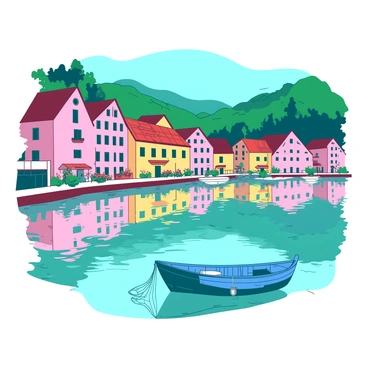 A teal fishing village with colorful houses in various shades of pink and yellow lining the shores of Lake Como. The houses have red-tiled roofs and vibrant flower boxes under the windows. In the foreground, a blue wooden fishing boat is gently floating on the water, with fishing nets hanging over the edge. The lake reflects the colorful houses, creating a harmonious scene. In the background, lush green hills rise up, framing the village and enhancing the picturesque view.