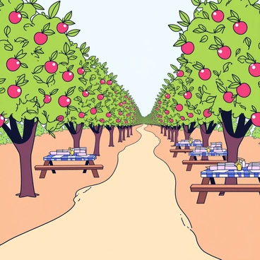 A winding dirt trail leads through an apple orchard filled with rows of trees heavy with ripe red and green apples. The branches of the trees are low, adorned with clusters of shiny fruit ready for picking. Alongside the trail, several wooden picnic tables are set up under the shade of the trees, some with checkered tablecloths and picnic baskets placed on top. Sunlight filters through the leaves, casting dappled shadows on the ground.