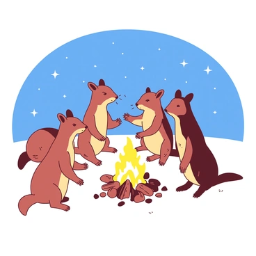 A group of prairie dogs is gathered around a small campfire emitting warm light as they sit comfortably on the ground. Each prairie dog has its ears perked up, showing interest in the stories being shared. The campfire is surrounded by small rocks, and the flames flicker gently, casting dancing shadows on their fur. Above, a clear night sky is filled with twinkling stars, adding a serene ambiance to the scene. Some prairie dogs are animatedly gesturing with their paws, while others are listening intently, creating a sense of camaraderie among them.