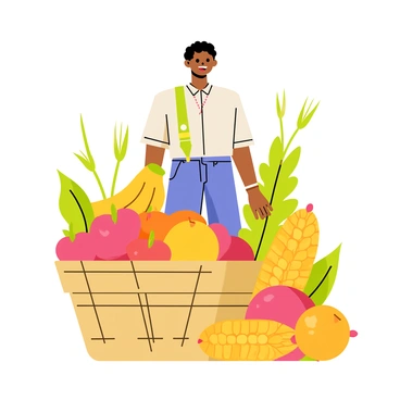 A figure standing proudly in the center of the image, surrounded by a variety of colorful fruits and grains. The figure is dressed in traditional clothing and has a joyful expression. A large basket overflowing with ripe apples, oranges, and bananas is positioned at the figure’s feet. There are also bundles of golden wheat and corn scattered around, enhancing the theme of abundance. Lush green leaves and vines add a touch of nature to the composition, creating a vibrant and lively scene.