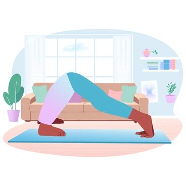 A person is positioned in a plank pose on a soft yoga mat situated on a hardwood floor. The individual is wearing comfortable athletic clothing. The cozy living room features a warm color palette, with a large plush sofa adorned with colorful throw pillows in the background. There is a houseplant in a decorative pot near the corner, and a bookshelf filled with books and small decorative items against one wall. A large window allows light to stream in, illuminating the space with a gentle glow.