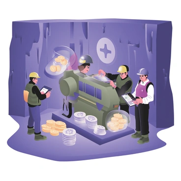 A digital flat illustration of a futuristic mine scene. The interior of the mine is illuminated with bright blue and green lights, highlighting the rocky walls and underground structures. Several workers are present, each wearing high-tech gear that includes helmets with glowing visors. One worker, positioned at the center, is using a large, advanced mining machine to extract "virtual coins" that shine with vibrant colors like gold and silver. Another worker, on the left, is collecting coins in a transparent container, while a third worker, on the right, monitors a digital tablet displaying data. The atmosphere is filled with a sense of activity and innovation, showcasing the combination of technology and mining.
