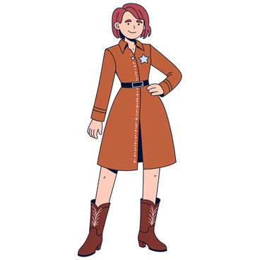 A fashion-forward sheriff wearing a tailored western dress that features a fitted bodice and a flared skirt. The dress is adorned with intricate stitching and has a rich, earthy color. The sheriff has a shiny silver badge pinned to the chest of the dress. On her feet, she wears stylish brown cowboy boots with elaborate detailing. Her hair is styled neatly, complementing the overall modern look. In the background, there are hints of a western town with wooden buildings.