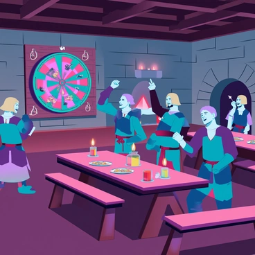 A medieval tavern filled with wooden tables and benches. In one corner, a group of four men, dressed in tunics and breeches, are laughing and taking turns throwing darts at a large wooden dartboard mounted on the wall. The dartboard is adorned with colorful, hand-painted designs. One man holds a dart in his hand, while another leans forward, watching intently. Flickering candles on the tables cast warm light, illuminating a few tankards of ale and plates of food scattered around. The tavern has stone walls, a thatched roof, and a fireplace with a small fire crackling inside. A few patrons in the background are engaged in conversation and enjoying the lively atmosphere.
