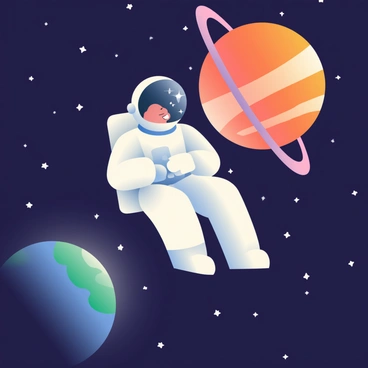 An astronaut with a white space suit is floating in the vastness of space. The helmet reflects the twinkling stars surrounding him. In the background, a large, orange planet with prominent rings is visible to the right. To the left, a smaller blue and green planet is partially illuminated, showcasing its surface features. Tiny white stars scatter throughout the dark expanse, creating a sense of depth and mystery in this cosmic scene.
