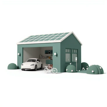A green garage, built with eco-friendly materials, showcases a modern design with large windows. The roof is covered with solar panels, glinting under the sunlight. In front of the garage, there is an electric car, sleek and shiny, parked alongside a bicycle made of lightweight aluminum. The garage door is slightly open, revealing a tidy interior with organized tools and a charging station for electric vehicles. Lush greenery surrounds the garage, with small bushes and flowers enhancing the eco-friendly setting.