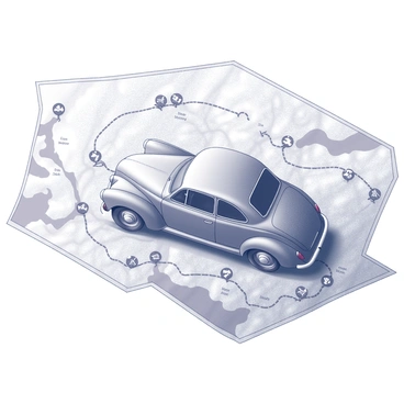 A vintage car traveling on a map, with insurance checkpoints marked along the route