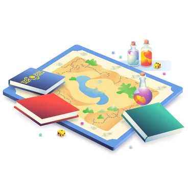 A rectangular board game is laid out on a table, featuring a mystical map with intricate designs and pathways. Several spellbooks are placed on the board; one is a deep blue, another is a vibrant red, and a third is a rich emerald green. Each spellbook has decorative gold filigree on its cover. Alongside the spellbooks, there are various potion bottles in different shapes and colors, including a tall, slender bottle filled with bright purple liquid and a round bottle containing swirling orange and yellow liquid. The map is adorned with mythical creatures and landmarks, such as a mountain range and a forest. Game tokens are scattered near the edges, and a pair of dice rests nearby, ready for play.