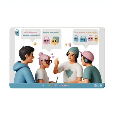 A group of four gamers is engaged in a lively virtual team chat. Each gamer is represented as a distinct character on screen. The first gamer, wearing a blue hoodie and black headphones, is smiling as he leans forward in excitement. The second gamer, with pink hair and glasses, is typing quickly on her keyboard, her focused expression visible. The third gamer, sporting a green beanie and a graphic t-shirt, gestures animatedly with a hand raised, while the fourth, wearing a red cap and a headset, nods in agreement. On the screen, there are visual pop-ups displaying promotional graphics for the "refer-a-friend gaming perk," featuring colorful icons of game controllers and bonus rewards. The chat interface is filled with cheerful emojis and messages reflecting their enthusiasm for the perk they are discussing.