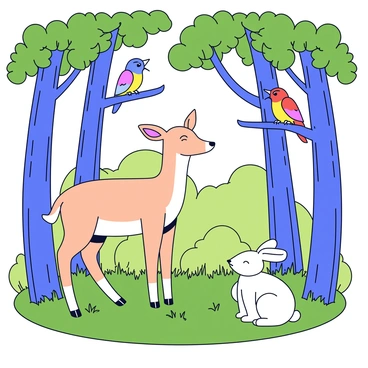 A vintage forest filled with tall, slender trees with textured bark and lush green foliage. In the foreground, a graceful deer with a light brown coat stands quietly among the underbrush. Nearby, a fluffy rabbit with soft white fur sits on the forest floor, its ears perked up. Above, colorful birds with vibrant feathers perch on tree branches, their beaks open as if chirping. Sunlight filters through the leaves, casting gentle shadows on the ground.