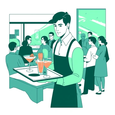 A teal waiter is skillfully balancing a tray filled with various drinks in a bustling café. The waiter, dressed in a crisp white shirt and black apron, has a focused expression as he navigates through the crowded tables. Around him, customers are engaged in conversation, and there are colorful drink glasses on the tray, including a large orange cocktail with a slice of fruit and a tall blue soda. The café is filled with lively chatter and the aroma of coffee, creating a vibrant atmosphere.