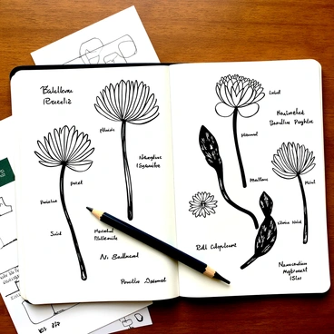 An open research journal laid flat on a wooden table, with detailed sketches of various protea species drawn in ink. Each sketch showcases the unique shape and structure of the flowers, with labels next to them identifying the species. Handwritten notes in the margins highlight observations and findings, with some pages crumpled slightly, indicating frequent use. A pencil rests on top of the journal, with a few loose sheets of paper scattered nearby, containing additional notes and diagrams related to the research.