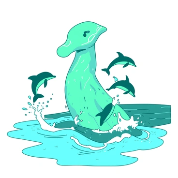 A water golem emerging from the ocean waves, interacting with playful dolphins.