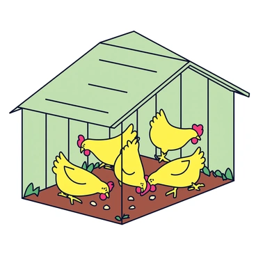 A lively chicken coop with hens happily pecking the ground