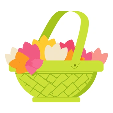 A basket woven from large green lotus leaves, showcasing intricate patterns. The basket is filled with a variety of colorful petals, including bright pink, soft yellow, and deep orange, creating a vibrant contrast with the green leaves. The petals spill over the edges of the basket, adding a lively touch. The scene is set against a simple background to emphasize the natural beauty of the basket and its contents.