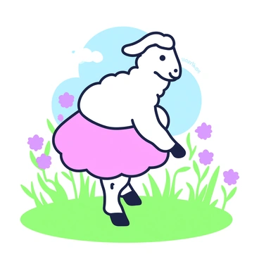 A sheep is standing in a lush green field, wearing a pink tutu around its waist. The sheep is positioned on its hind legs, executing a ballet pose with its front legs extended. In the background, there are several wildflowers scattered across the field, adding a playful touch to the scene. Bright green grass surrounds the sheep, and a clear blue sky can be seen overhead, providing a cheerful ambiance to the performance.