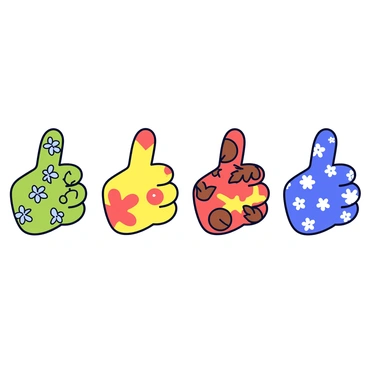 Four thumbs illustrated in a line, each representing a different season. The first thumb is adorned with bright green leaves and flowers, symbolizing spring. The second thumb is painted with vibrant yellow and orange hues, featuring a sun and a few beach elements for summer. The third thumb showcases warm earthy tones like red and brown, with falling leaves to depict autumn. The fourth thumb is covered in cool blue and white colors, illustrated with snowflakes and a snowman to represent winter. Each thumb has a distinct background color that complements its seasonal theme.