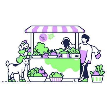 A lively farmer's market stall is filled with fresh produce. The stall displays an array of colorful fruits and vegetables, including bright green cucumbers, purple eggplants, and vibrant green leafy greens. At the front of the stall, there are baskets overflowing with ripe tomatoes and bunches of green herbs. In the background, a small goat stands nearby, looking curiously at the produce. The goat has a light coat with darker patches and is positioned next to a wooden crate, which is stacked with additional fruits. The atmosphere is bustling, with people browsing and selecting items from the stall.