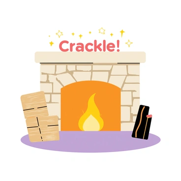 A cozy fireplace made of rustic stones with a warm, glowing fire inside. Logs are stacked neatly beside the fireplace, and sparks are gently flying up into the air. The word “Crackle!” is prominently displayed in a playful font above the flames, creating a sense of warmth and comfort. The surrounding area includes a plush rug in front of the fireplace and a couple of comfy chairs positioned nearby.