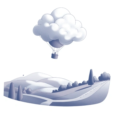 A hot air balloon shaped like a cloud drifting over a colorful landscape
