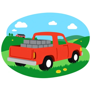A bright red truck parked in a wide farm field. The truck bed is filled with neatly stacked gray bricks instead of crops. The field features tall green grass and distant rolling hills under a clear blue sky. A few fluffy white clouds drift lazily overhead. In the background, there is a rustic red barn and some scattered wildflowers adding splashes of color to the scene. The sunlight casts soft shadows around the truck, highlighting the texture of the bricks and the landscape.