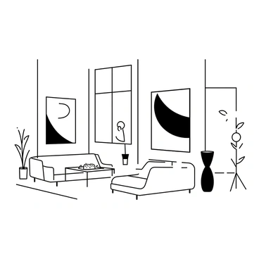 A sleek modern loft with an open floor plan. The space is filled with minimalist furniture, including a low-profile sofa and a simple coffee table. Large art pieces adorn the walls, showcasing abstract shapes and bold lines. Large windows allow natural light to enter, illuminating the clean lines and spacious arrangement of the room. The flooring is polished concrete, adding to the contemporary feel of the interior. There are potted plants placed strategically around the room for an added touch of life.