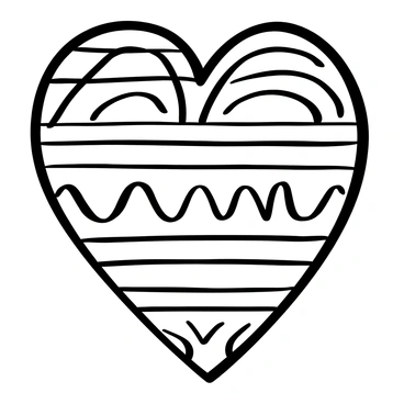A heart shape featuring alternating stripes, each stripe representing a different part of the rainbow spectrum. The heart is outlined with a bold black border, emphasizing its shape. The background contains a series of wavy lines that contrast with the heart, creating a dynamic feel to the composition. Each stripe is distinct and clearly separated, adding to the overall design.