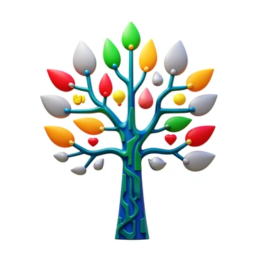 A colorful tree composed of intricate circuit patterns. The trunk is designed with metallic circuits in varying shades of blue, green, and red. The branches extend outwards, showcasing an array of vibrant leaves, each shaped like different symbols representing various ethical choices. Each leaf is in a distinct color, such as gold, silver, and bright orange, displaying icons like scales, hearts, and light bulbs. The background is a plain gradient to enhance the 3D appearance of the circuit tree.