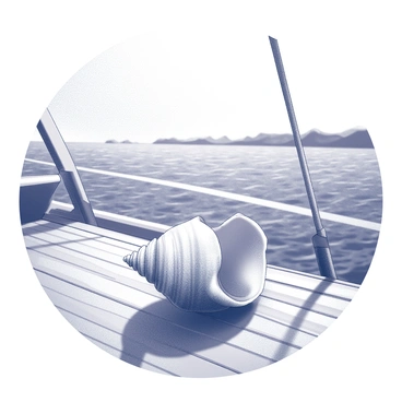 A conch shell lies on the wooden deck of a sailboat. The shell is intricately detailed, showcasing its spiral shape and texture. The sunlight casts shadows across the deck, highlighting the grain of the wood. In the background, the ocean stretches out, meeting the horizon line in a vast expanse. Gentle waves can be seen rolling in the distance, creating a serene setting. The sky is clear, providing a sense of openness and freedom above the scene.
