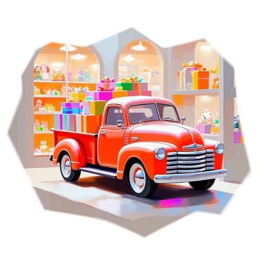 A vintage toy truck, painted in bright red with white trim, is positioned in a whimsical toy store display. The truck is filled with tiny, colorful wrapped presents, each adorned with shiny ribbons and bows. The presents vary in size and shape, creating a playful and festive atmosphere. Surrounding the truck are shelves stocked with various toys, including stuffed animals, dolls, and board games, all set against a backdrop of an intricately designed toy store interior. Soft, warm lighting enhances the charming details of the display, inviting viewers to imagine the joy of exploring this delightful scene.