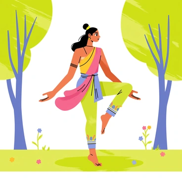 An Indian yoga teacher with long dark hair tied in a bun is gracefully demonstrating a yoga pose, standing on one leg. She wears a colorful, flowing outfit that blends traditional Indian patterns. The park setting features lush green grass, tall trees with vibrant green leaves, and a bright blue sky. Sunlight filters through the branches, creating soft patterns on the ground. A few small flowers in various colors are scattered around her, adding to the natural beauty of the scene.
