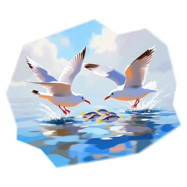 A dynamic scene depicting several seagulls with white feathers and gray wings diving towards a shimmering ocean surface. The water is a vibrant blue, reflecting the sunlight. The seagulls have their wings spread wide and their beaks open as they target a school of small anchovies swimming just beneath the surface. Ripples and splashes emanate from the water where the birds make contact, creating a sense of action and movement in the image. The sky above is clear with a few wispy clouds scattered, adding depth to the overall composition.