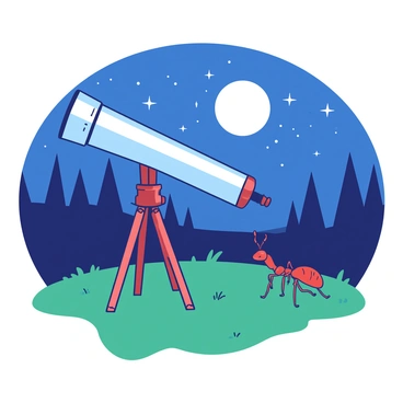 A small red ant is standing on a green grassy surface, peering through a shiny silver telescope. The telescope is positioned on a wooden tripod, aimed towards a deep blue starry sky filled with twinkling stars and a large glowing moon. The ant is looking intently through the telescope, its antennae raised in curiosity. In the background, silhouettes of distant trees create a soft contrast against the night sky.