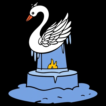 An intricate ice sculpture in the shape of a majestic swan stands tall. The sculpture has delicate, detailed feathers carved into its body, showcasing artistry and craftsmanship. It is illuminated from within by flickering flames, casting a warm, glowing light that dances across the ice surface. The surrounding area is dim, enhancing the ethereal glow of the sculpture. Small icicles hang from the edges, reflecting the light, while a soft mist rises around the base, adding to the magical atmosphere.