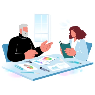 A senior artist with short, gray hair is sitting at a table, wearing a black turtleneck and surrounded by art supplies. Across from them, a junior illustrator with curly hair is attentively holding a sketchbook. The table is covered with various portfolio pieces, including colorful illustrations and character designs. The senior artist is gesturing towards one of the pieces, while the junior illustrator looks focused, with their hands resting on the sketchbook. A large window in the background lets in soft, natural light, illuminating the workspace.