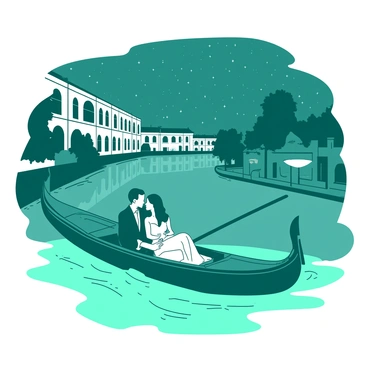 A teal gondola glides smoothly through the calm waters of the canals in Venice. In the gondola, a couple sits close together, sharing a moment of affection, with the woman wearing a flowing white dress and the man in a classic black suit. Above them, a starlit sky sparkles with countless stars, illuminating the scene. The buildings lining the canal are softly lit, their reflections dancing across the water's surface. A light breeze rustles the nearby trees, creating a peaceful atmosphere.